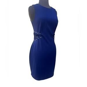 Bebe Navy Blue High Neck Side Cut Out Lace Up Grommet Edgy Bodycon Mini Dress